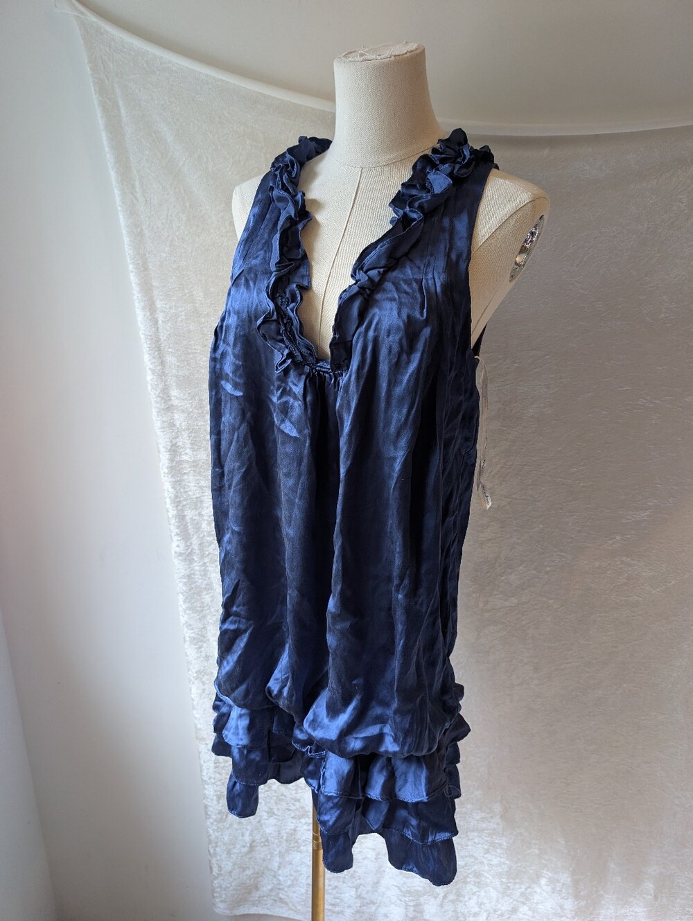 ...Trinity Silk Royal Blue Evening Date Night Mini Dress Plunge V Neck Ruffle